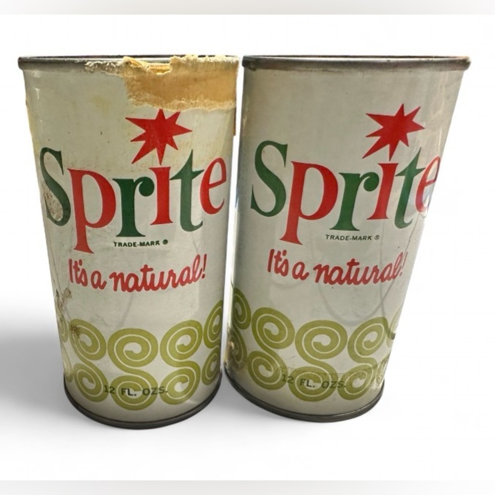 60s/70s Era Sprite Empty 12oz. Steel Soda Cans Stamped SC On Bottom
Set of 2